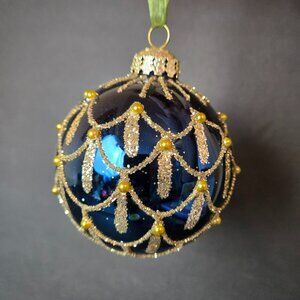 Frontgate Blue Gold Glass Ornament 4 Inch Elegant Beaded Glitter Christmas Decor